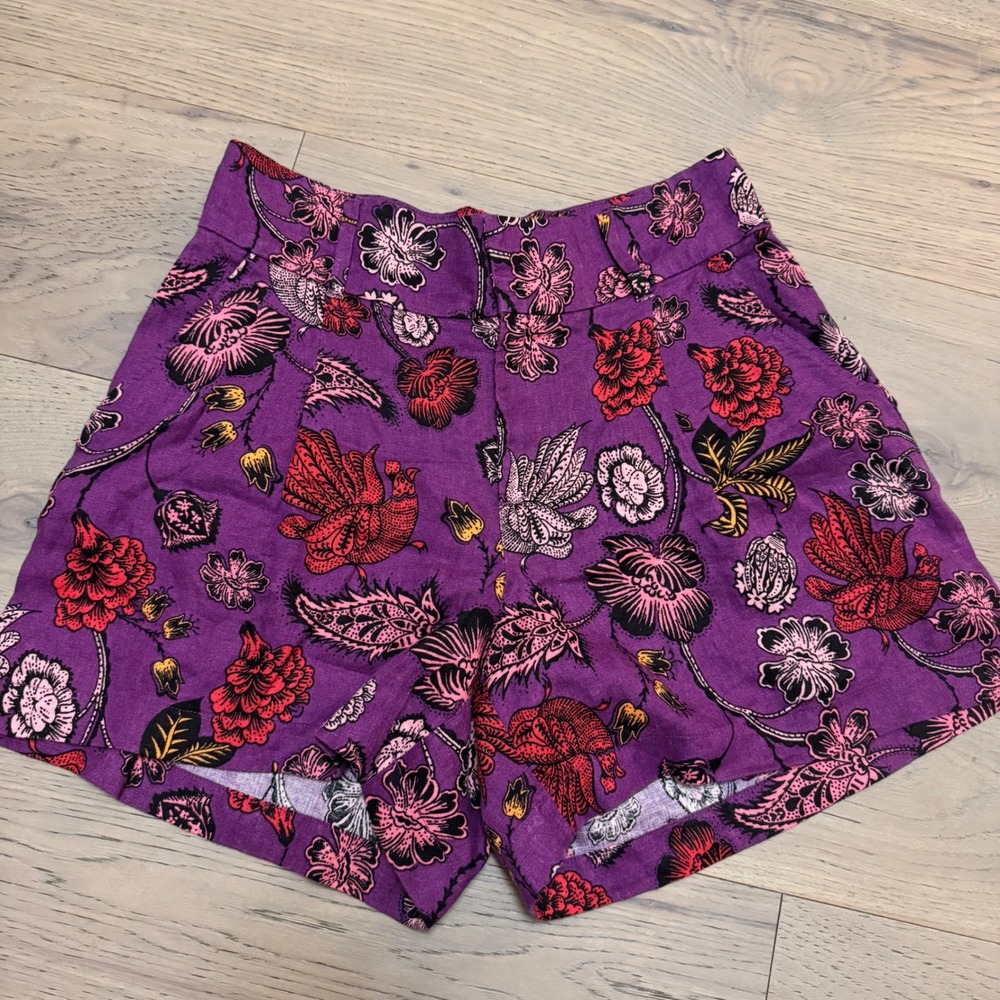 Nicole Miller‎ New York Purple Floral Bird 100% Linen High Rise Shorts Womens 6